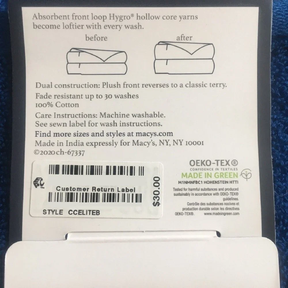 2 new INDIGO BLUE Charter Club Elite 100% Hygro Cotton 30x56 inch BATH TOWELS